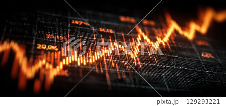 Financial inflation impact shown with glowing orange stock market graph and data on digital screen in dark background 129293221