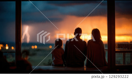 Family watching lightning storm outside window at sunset, creating warm and emotional atmosphere inside home 129293222
