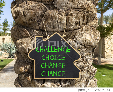 Challenge choice change chance symbol. Concept words Challenge choice change chance on beautiful blackboard. Beautiful palm tree background. Business Challenge choice change chance concept. Copy space 129293273