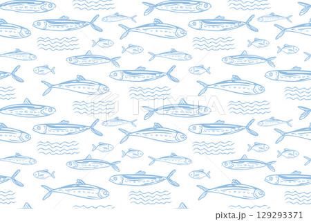 Sardines, fish, seafood, seamless pattern vector illustration, hand drawn sketch. Sardines, fish, seafood, seamless pattern vector illustration, hand drawn sketch. 129293371