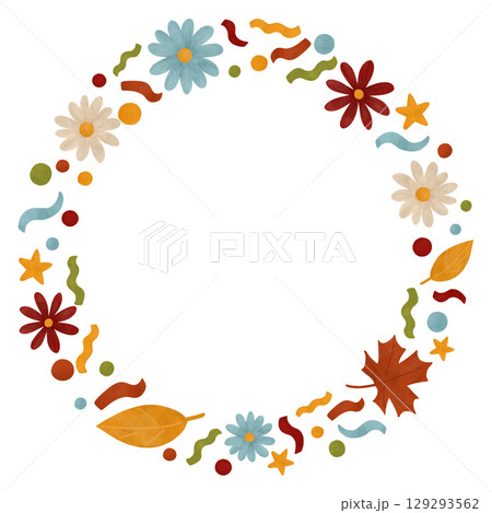 Round flower wreath, frame with simple flowers, leaves, and confetti, painted in autumn colors with watercolors. Festive autumn template 129293562