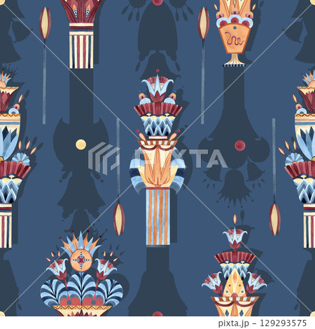 Egyptian vase sacred lotus, ancient column seamless tribal pattern. Ethnic symbols, ornament with shadows. Watercolor colorful illustration isolated on blue background. For souvenirs, textile, decor 129293575