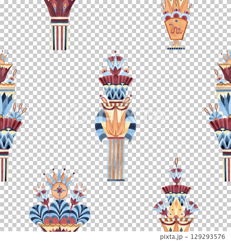 Egyptian ornament ancient column vase sacred lotus seamless pattern. Ethnic tribal symbols. Watercolor colorful illustration isolated from background. For souvenir products, textile, interior decor 129293576