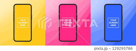 Mockup of a phone screen. Pink, blue and yellow abstract backgrounds with wavy pattern. Mockup of a phone screen. Pink, blue and yellow abstract backgrounds with wavy pattern. 129293766