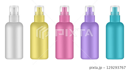 Set of white, yellow, pink, purple and blue cosmetic bottles with pump. Dispenser. 129293767