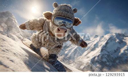 Funny cow snowboarding down the mountain, winter scene with animal wearing glasses and knitted hat 129293915