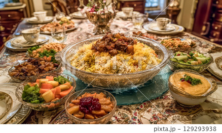 Festive table with traditional rice dish and various products, festive table setting 129293938