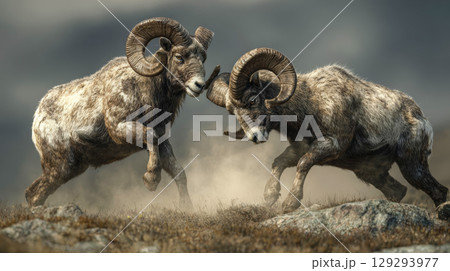 Two rams fight in the wild on rocky mountain terrain Two rams fight in the wild on rocky mountain terrain 129293977