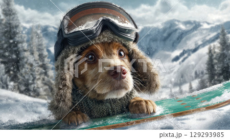 Adorable dog in winter hat and ski goggles on snowboard, cute pet in snowy mountains Adorable dog in winter hat and ski goggles on snowboard, cute pet in snowy mountains 129293985
