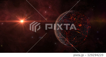 Alien volcanic planet, galaxy, nebula and a red sun. 129294220