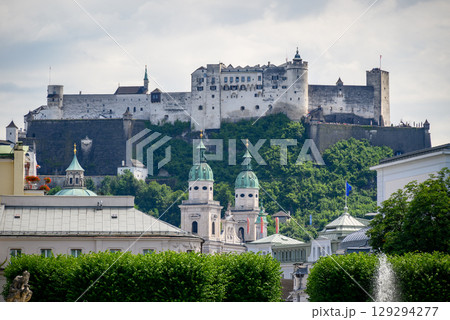 Historic old town of Salzburg and Hohensalzburg Fortress atop the Festungsberg hill in Salzburg, Austria 129294277