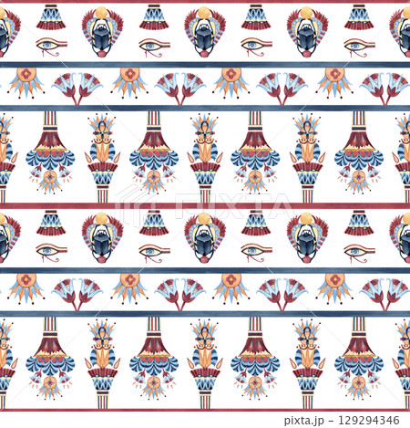 Egyptian seamless tribal pattern. Scarab beetle, eye of Horus, sacred lotus vases. Oriental ancient Arab symbols, horizontal lines ornament. Abstract watercolor illustration isolated from background 129294346