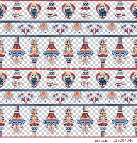 Egyptian seamless tribal pattern. Scarab beetle, eye of Horus, sacred lotus vases. Oriental ancient Arab symbols, horizontal lines ornament. Abstract watercolor illustration isolated from background 129294346