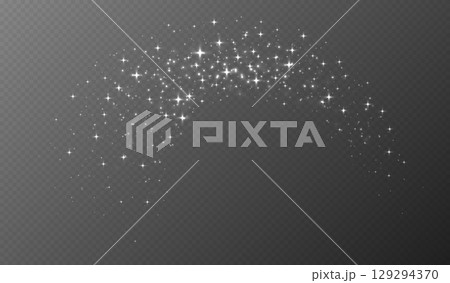 White sparkling stars, shiny particles light effect, transparent flying stardust texture 129294370