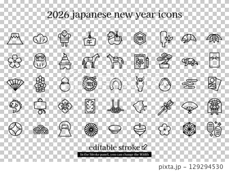 日本新年圖標集 2026 馬年（可編輯描邊） 129294530