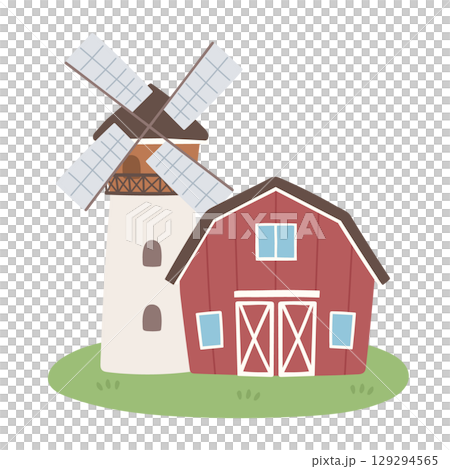 一幅時尚的鄉村風格農場插圖，有一排紅色的房子和風車 129294565