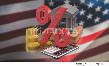 The Bank Building and Gold coins for America Tax concept 3d rendering. 129294807