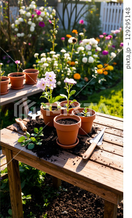 Transplanting flowers into flower pots outdoors in a summer cottage on a sunny day 129295148