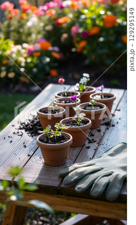 Transplanting flowers into flower pots outdoors in a summer cottage on a sunny day Transplanting flowers into flower pots outdoors in a summer cottage on a sunny day 129295149