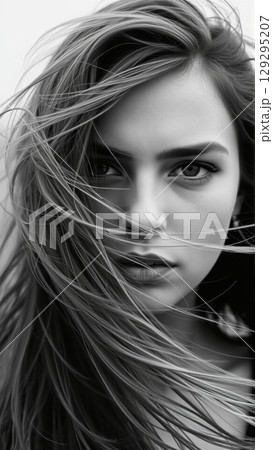 Monochrome portrait of a beautiful woman. Strong wind blows your hair 129295207