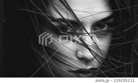 Monochrome portrait of a beautiful woman. Strong wind blows your hair 129295211