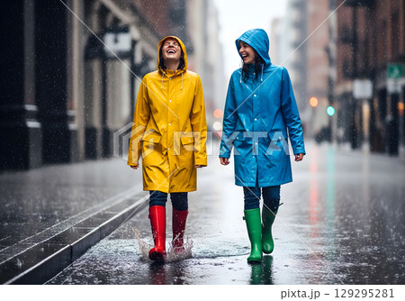 Two joyful adult women in bright raincoats and boots splash in puddles on a wet city street, laughing together 129295281