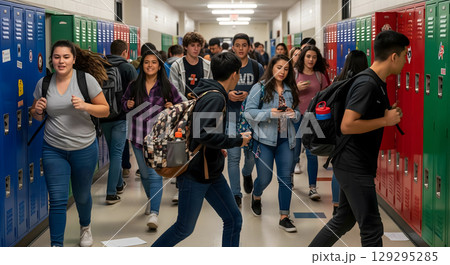 A group of male and female teens, appearing a bit hurried, walks through a busy school hallway lined with colorful lockers 129295285