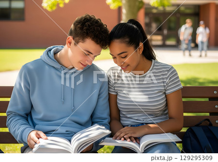 A smiling young man and woman sit on a bench outdoors, intently reading books together in an academic setting 129295309