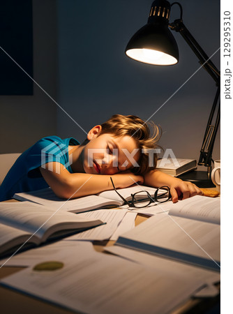 A young boy is asleep on his desk, surrounded by books and a desk lamp, feeling exhausted from late-night studying 129295310