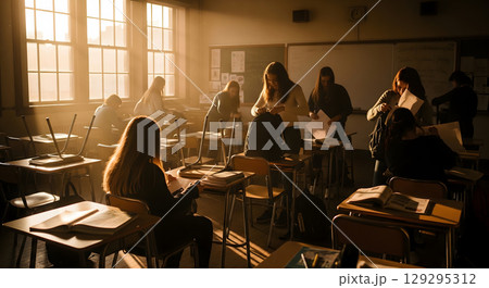 Students gather in a sunlit classroom, some packing bags while others sit at desks, bathed in the warm light of afternoon Students gather in a sunlit classroom, some packing bags while others sit at desks, bathed in the warm light of afternoon 129295312