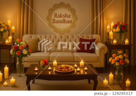 A living room is decorated for a festive occasion with lit candles, flowers in vases, and a plate of sweets on a coffee table 129295317