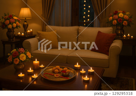 A festive living room scene with candles, flowers, and a tray of sweets and a traditional ornamental bracelet on a coffee table 129295318