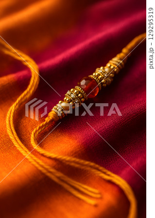 A traditional ornamental bracelet with golden and white beads and a red jewel on a blurred background of red and orange fabric. Generative AI. 129295319