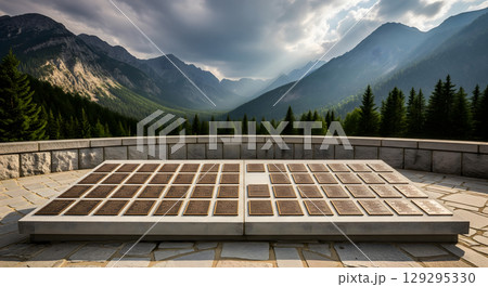 A solemn memorial with numerous plaques is located on a stone platform, with a dramatic mountain and forest landscape in the background 129295330