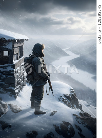 A man, appearing as a soldier, stands guard in a snowy, mountainous terrain, looking out over a valley on a cold, overcast day 129295345