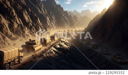 A convoy of military vehicles, including tanks and trucks, travels along a winding mountain road under a dramatic, dusty sky 129295352