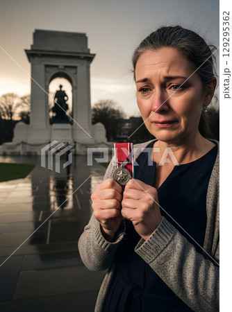 A middle-aged woman, appearing sad and emotional, sheds tears while holding a military medal at a war memorial in remembrance 129295362