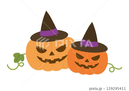つると葉っぱがついてる魔女の帽子をかぶった2つのジャックオランタンのかわいいハロウィンイラスト 129295411