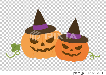 つると葉っぱがついてる魔女の帽子をかぶった2つのジャックオランタンのかわいいハロウィンイラスト 129295411