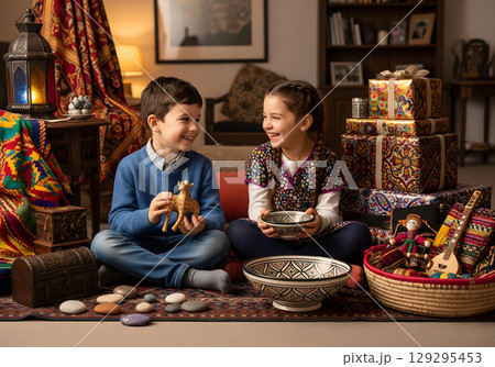 Two smiling young siblings, a boy and a girl, appear happy and joyful as they sit on a rug surrounded by decorative gifts and objects 129295453