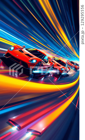Red cars participate in races. Image of speed on a race track 129295556