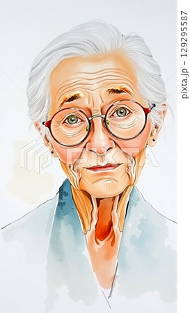 Colored drawing of an old grandmother with glasses 129295587