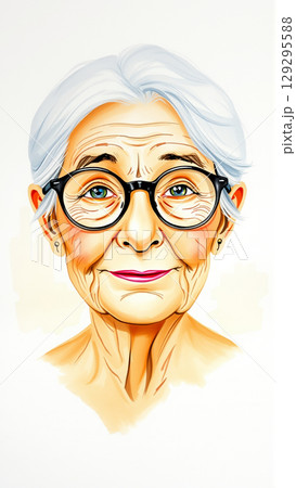 Colored drawing of an old grandmother with glasses 129295588