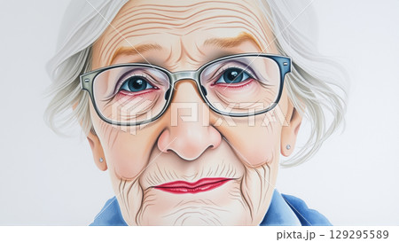 Colored drawing of an old grandmother with glasses 129295589