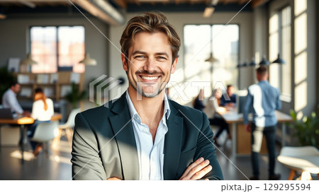 Portrait of middle aged businessman in suit. Handsome man smiling friendly 129295594