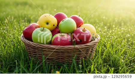 A rustic wicker basket sits in dewy green grass, overflowing with a mix of fresh red, yellow, and green apples 129295659
