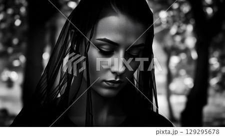 Portrait of a Woman in a Black Mourning Veil on Her Head 129295678