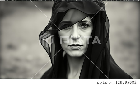 Portrait of a Woman in a Black Mourning Veil on Her Head Portrait of a Woman in a Black Mourning Veil on Her Head 129295683