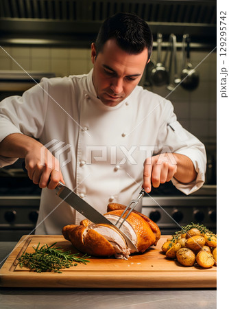 A young male chef is feeling focused and proud, carving a roasted chicken on a cutting board with herbs and potatoes 129295742