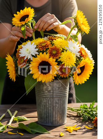 A florist, with a happy expression, is arranging a vibrant bouquet of sunflowers and other colorful flowers in a metal bucket 129295850
